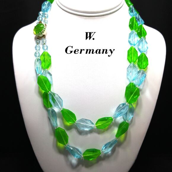 West Germany Green Blue Thermoset Bead Necklace, Two Strands, 1950s Vintage - Picture 1 of 10